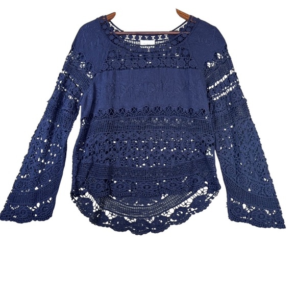 Anthropologie Tops - Deletta S (Anthropologie) Blue Crochet Long Sleeve Blouse Hi/Low Hem